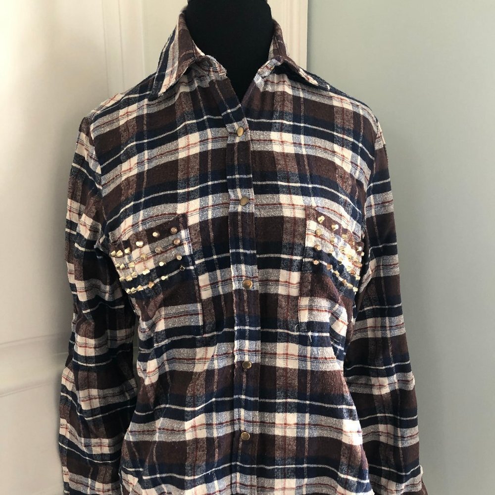 Vintage Havana Plaid Studded Pocket Long Sleeve Flannel Button Down Shirt Size S